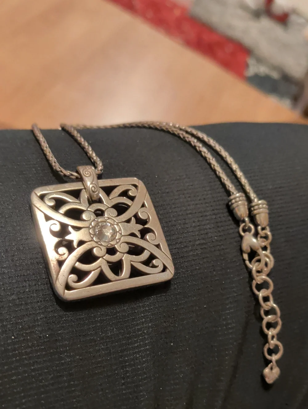 Sterling-Color Filigree Square Pendant Necklace with Clear Crystal Accent